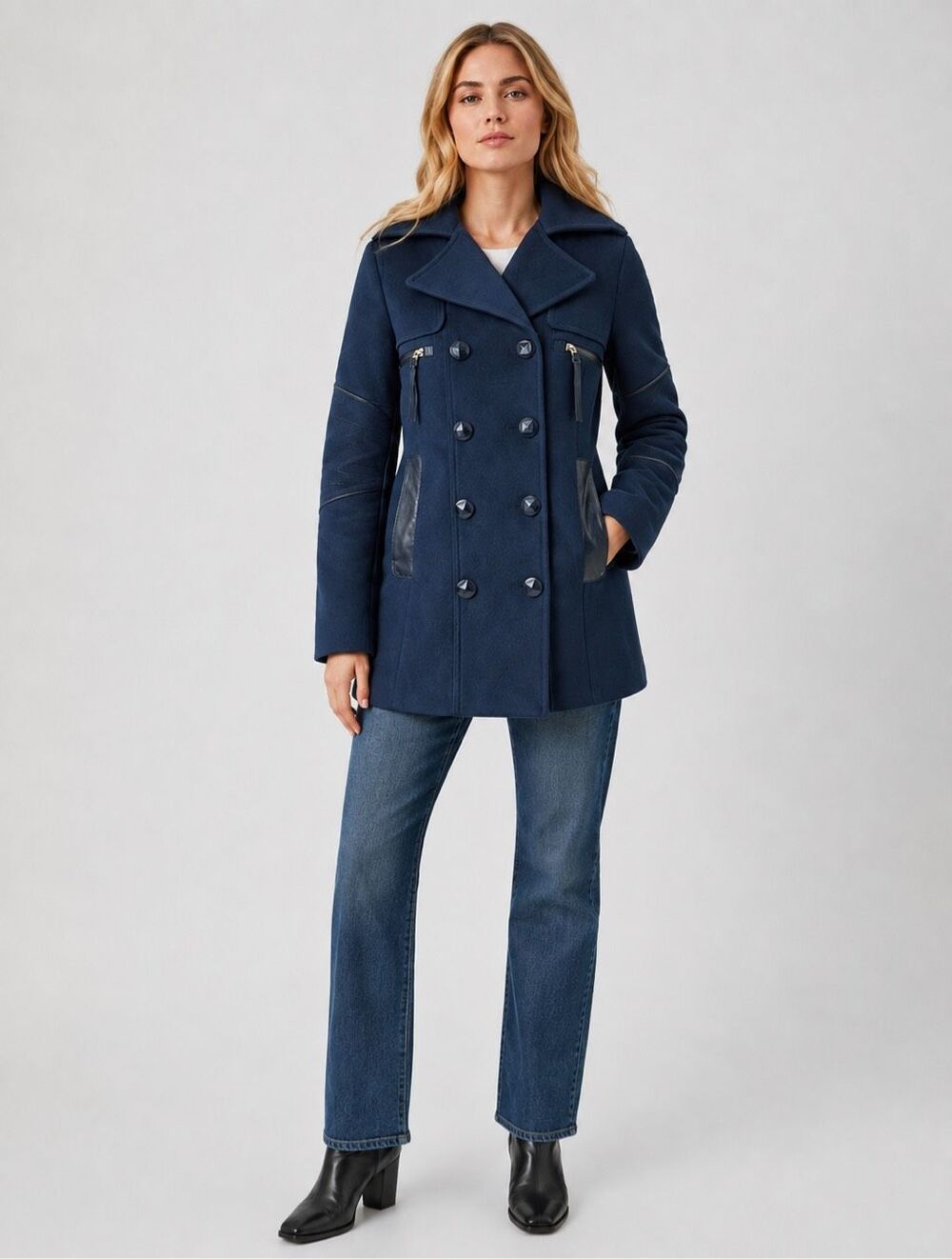 RUD By Rudsak Double Breasted Blue Pea Coat With Leather Trim Pockets